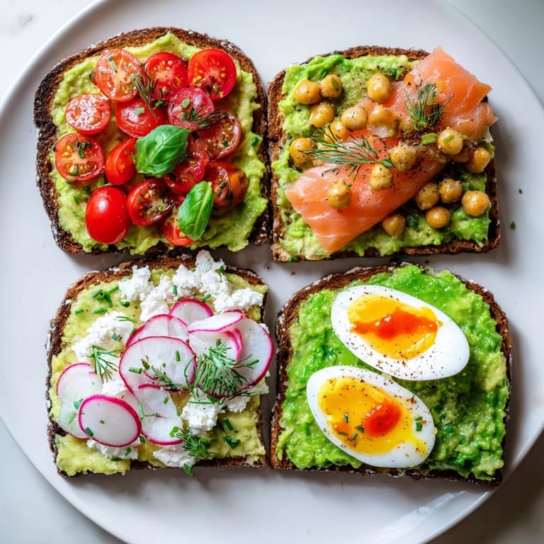 A close-up of four beautiful avocado toast varieties, featuring tomatoes, salmon, chickpeas, and a spicy egg topping.