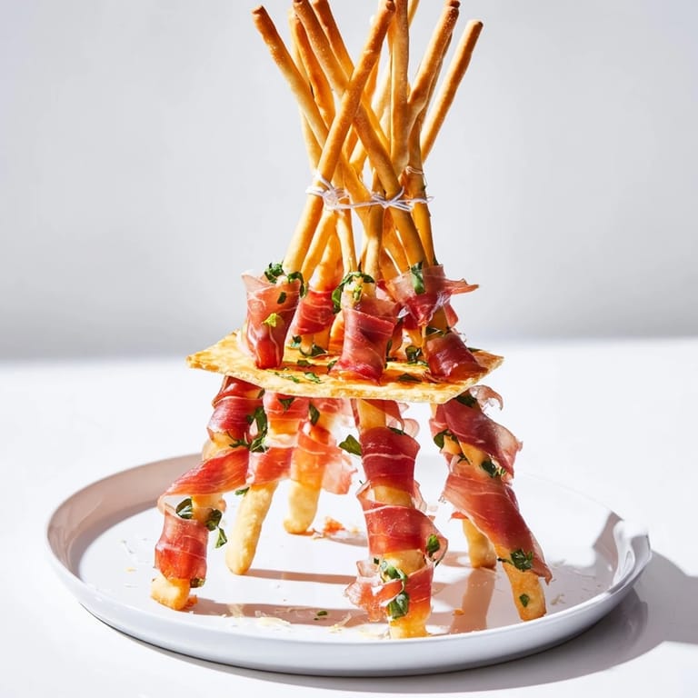 Prosciutto "Golden Gate" appetizer with Parmesan, vibrant basil, and crispy breadsticks on a platter.