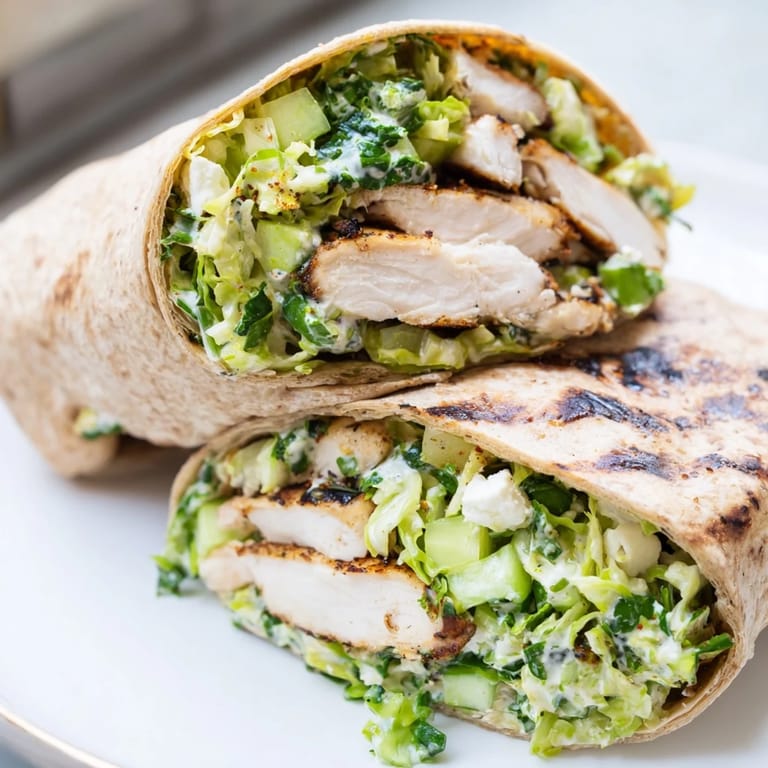 A close-up of fresh, vibrant Green Goddess Chicken Wraps, showcasing delicious layers and textures.