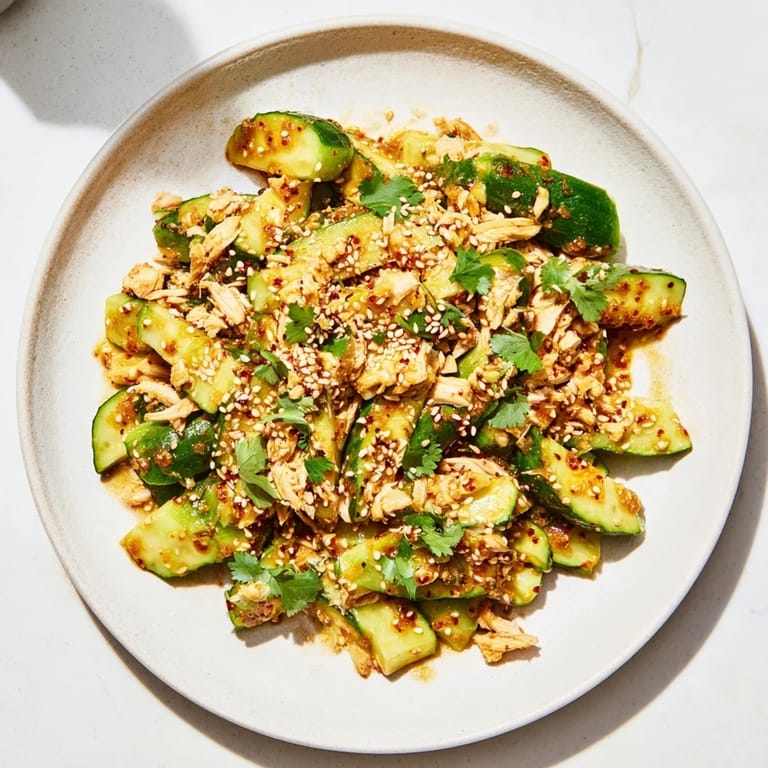 Tossed Whole Cucumber Logan Salad, a refreshing Asian-inspired recipe, topped with tender chicken.