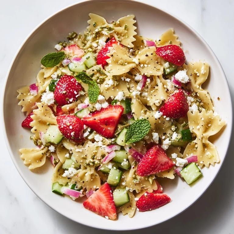 Beautiful closeup of Strawberry Feta Pasta tossed with fresh herbs, showcasing the perfect blend of flavors and textures.