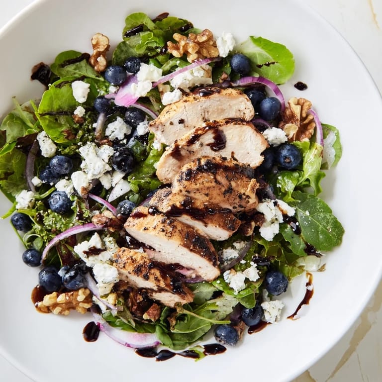 This flavorful blueberry goat cheese chicken salad features grilled chicken, mixed greens, and crunchy walnuts.