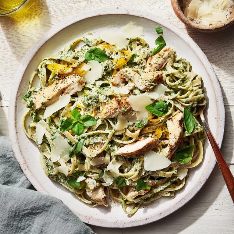 Imagine a vibrant bowl of Pesto Egg and Chicken Pasta, a satisfying fusion pasta meal with flavorful pesto.