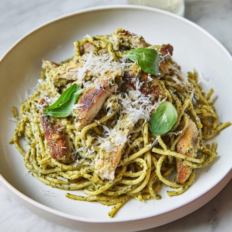 This delicious Pesto Egg and Chicken Pasta features perfectly cooked pasta with parmesan and basil garnish.