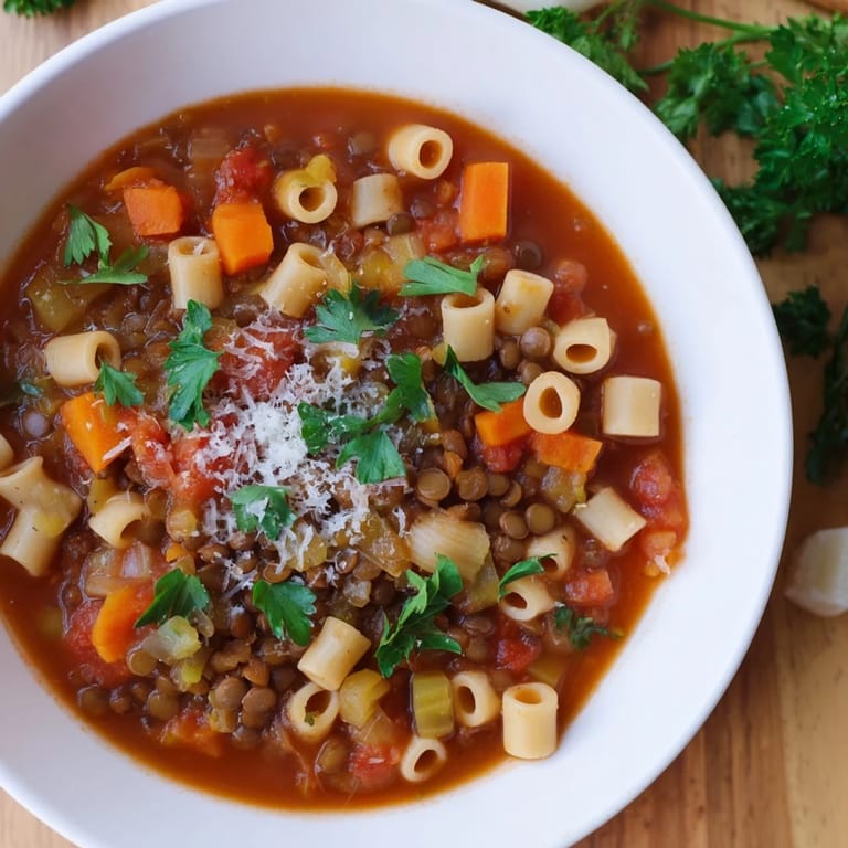 Delicious, homemade ditalini and lentil soup ready to eat, served with optional Parmesan cheese.