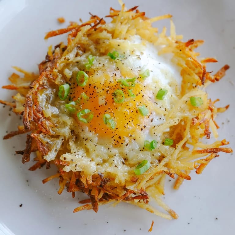 Fluffy eggs baked inside crispy-edged potato cups, creating yummy Hashbrown Egg Nests.