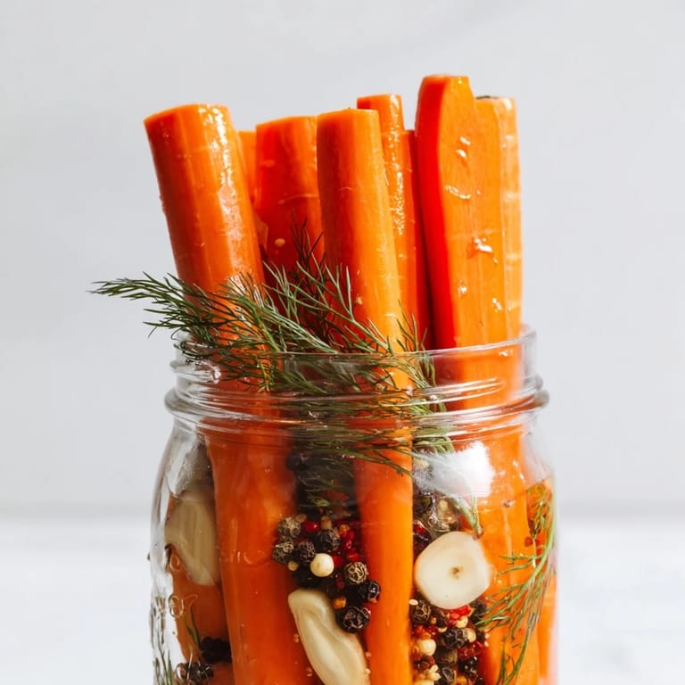 Vibrant glass jar of Quick Pickled Carrot Spears, glistening from the tangy brine, ready to serve.