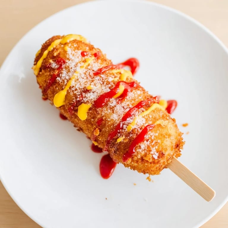 A close-up of freshly fried Korean-inspired corn dogs, coated in a delightful, crunchy panko crust.