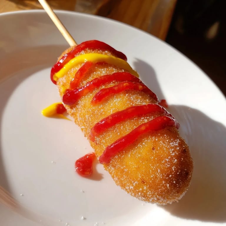 Delicious, steaming Korean-inspired corn dogs: savory sausage encased in a sweet, golden batter.
