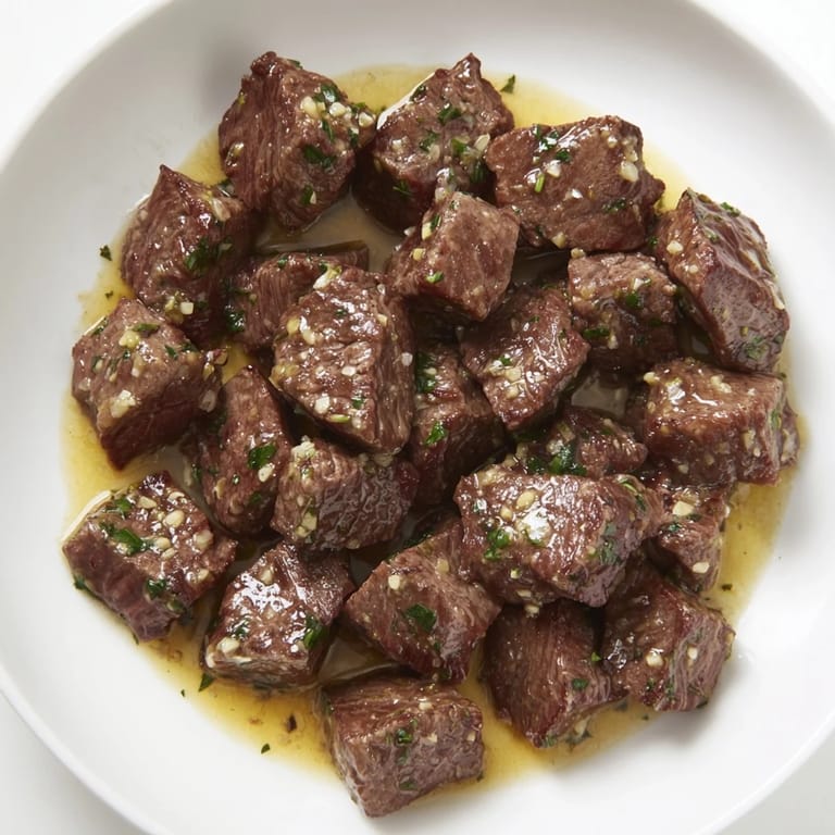Picture succulent Air-Fryer Garlic-Butter Steak Bites, beautifully cooked and tossed in herb-infused garlic butter.