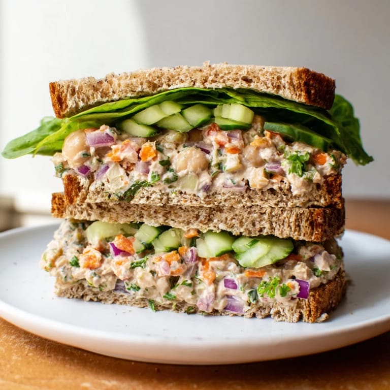 Vegan Easy Chickpea Salad Sandwich showcasing a vibrant blend of mashed chickpeas and crisp, colorful vegetables.