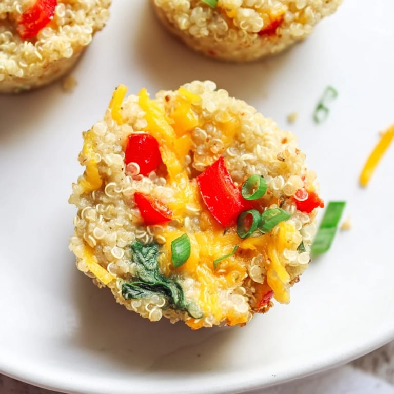 Warm, savory cheddar quinoa bites, with bits of red and green peppers, perfect for snacking anytime.
