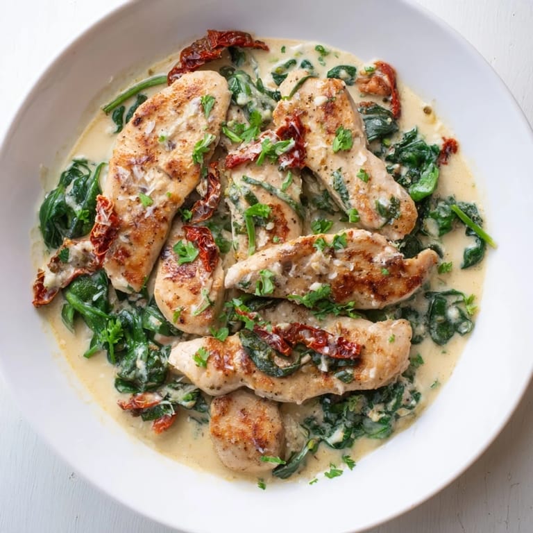 Savory Creamy Tuscan Chicken served with a generous pour of creamy sauce, ready for a comforting meal.