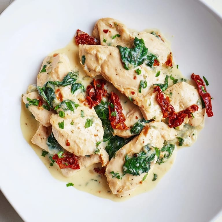 One-pan Creamy Tuscan Chicken, showcasing juicy chicken breasts bathed in a rich, flavorful Parmesan cream sauce.
