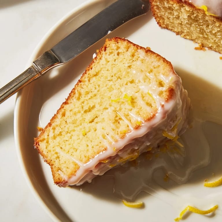 A slice of fresh lemon yogurt cake, showcasing its moist texture and tangy flavor, ready to serve.