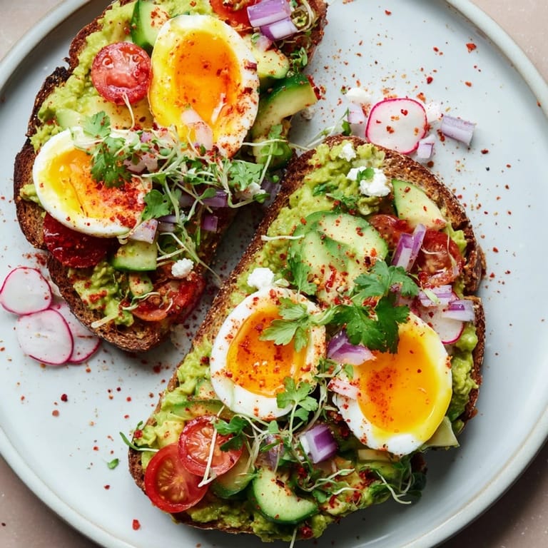 Enjoy a hearty plate of loaded avocado toast with a flavorful assortment of veggies and herbs.