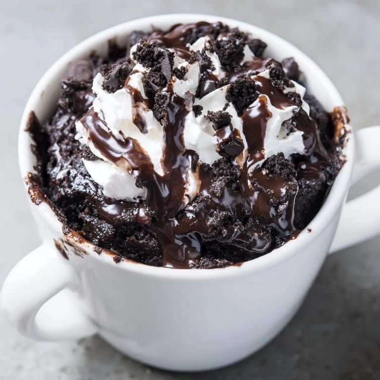 A steaming mug filled with a rich, single-serve Oreo Mug Cake, topped with whipped cream and sprinkles.