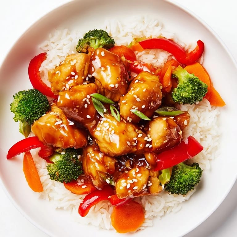 Steaming jasmine rice with glistening teriyaki chicken and colorful bell peppers.