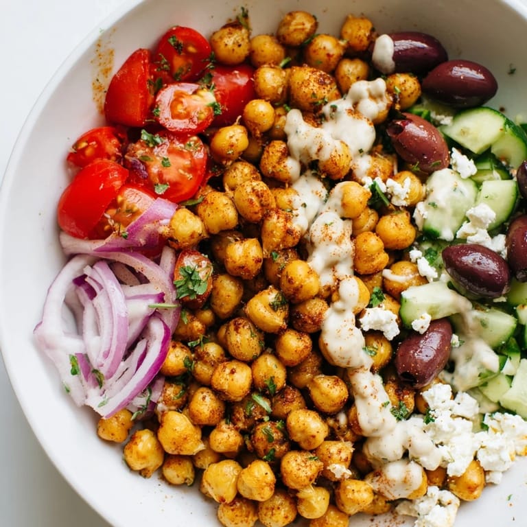 This vibrant bowl of Mediterranean Chickpea Bowl highlights juicy tomatoes, cucumber, and flavorful spiced chickpeas.