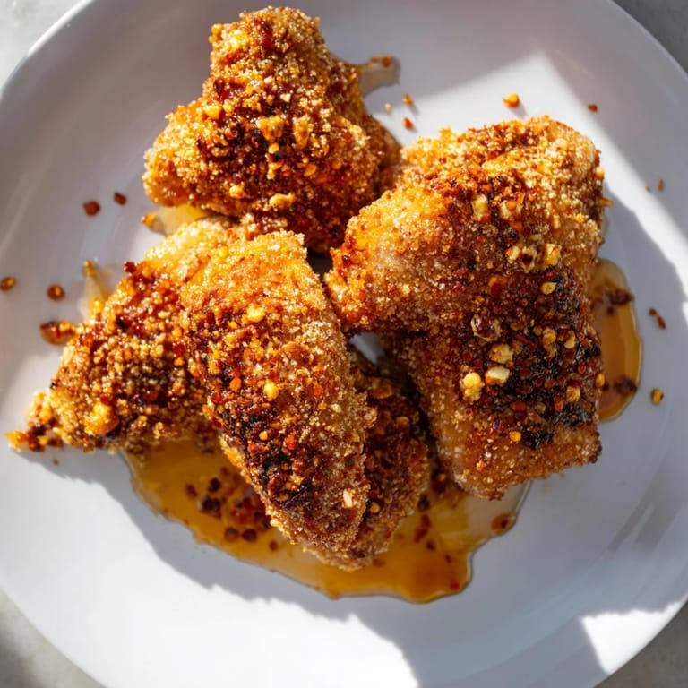 Imagine the satisfying crunch of these crispy Hot Honey Chicken Thighs, served with a fiery hot honey.