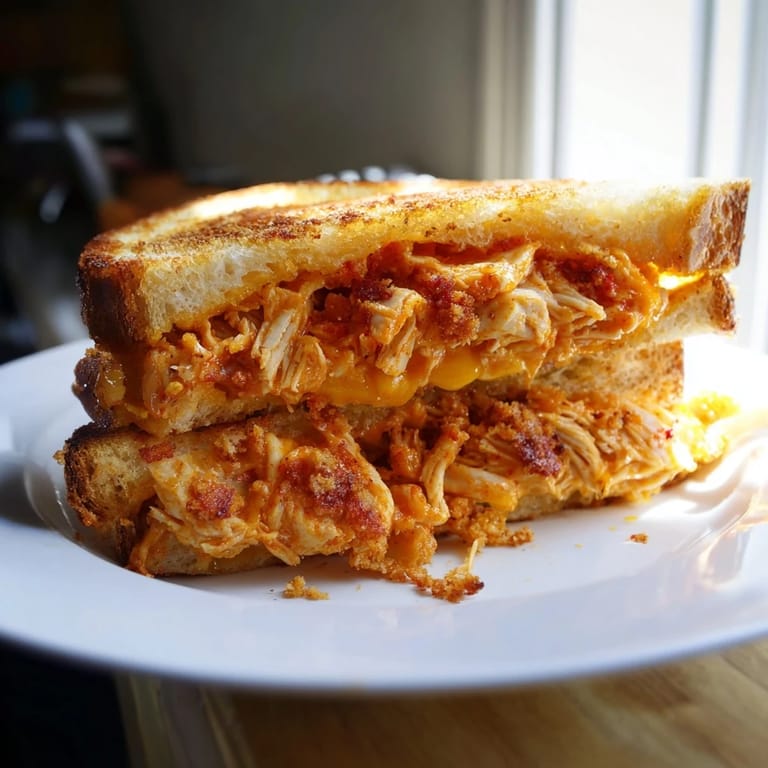 Melted cheese oozes from this Spicy Crispy Chicken Sandwich Grilled Cheese, hinting at the delightful heat within each bite.