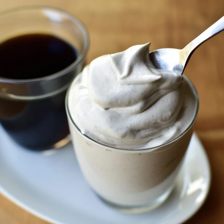 A close-up of thick, vanilla-infused Starbucks Cold Foam, ready to spoon onto your favorite cold drink.