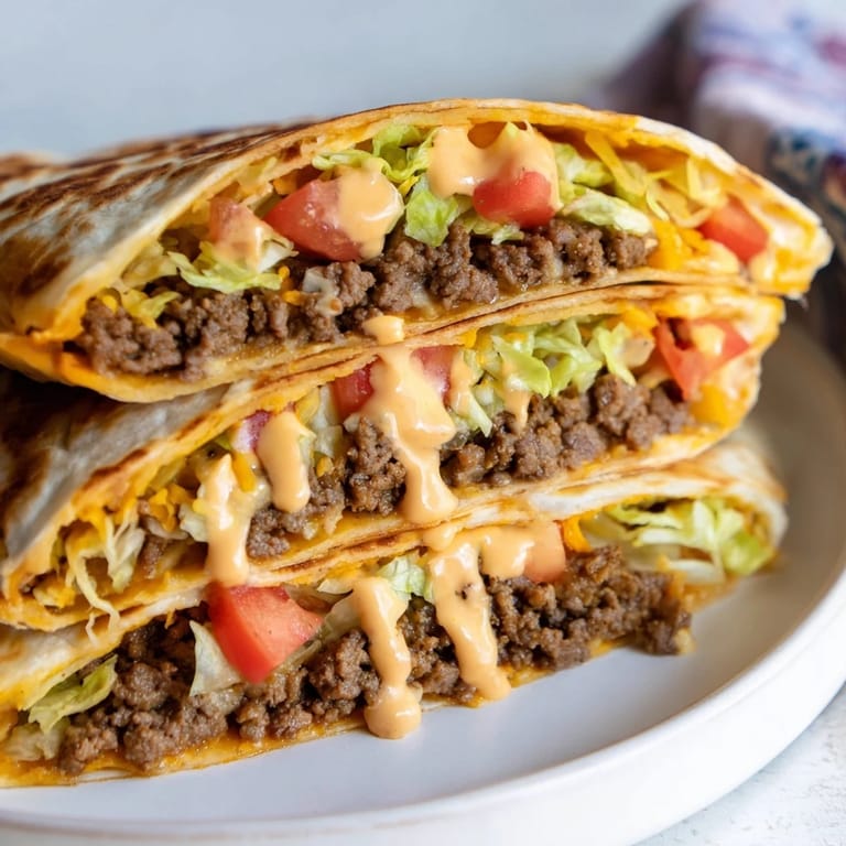 Golden-brown Taco Bell Crunchwrap Supreme halves, revealing layers of textures and the vibrant fillings inside.