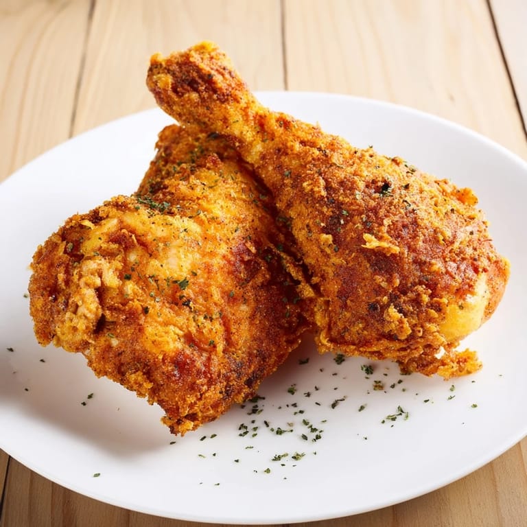 Close-up of perfectly golden KFC crispy chicken, showcasing the seasoned crust and deliciousness.