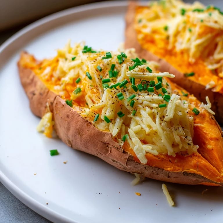 Steaming Sweet Potato & Cheese Whole Roast, perfectly baked with melted cheese, ready for a comforting bite.