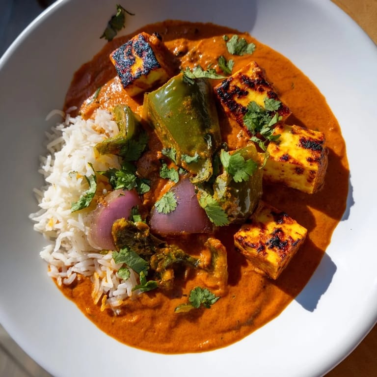 A beautifully plated shot of Paneer Tikka Masala, served with fluffy rice, looks inviting and delicious.