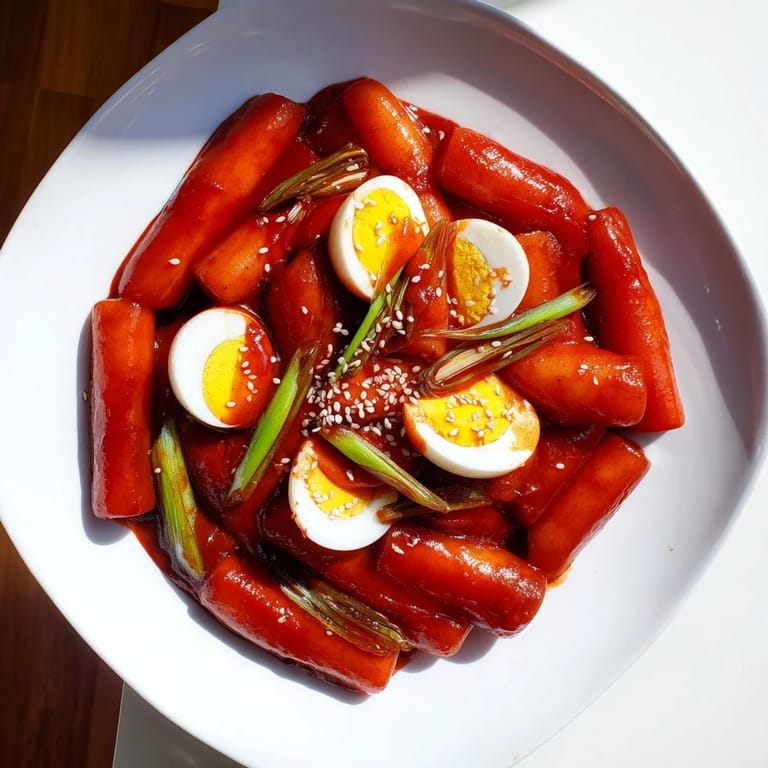 A close-up view of Korean Tteokbokki, with soft boiled eggs and sesame seeds adding visual appeal.
