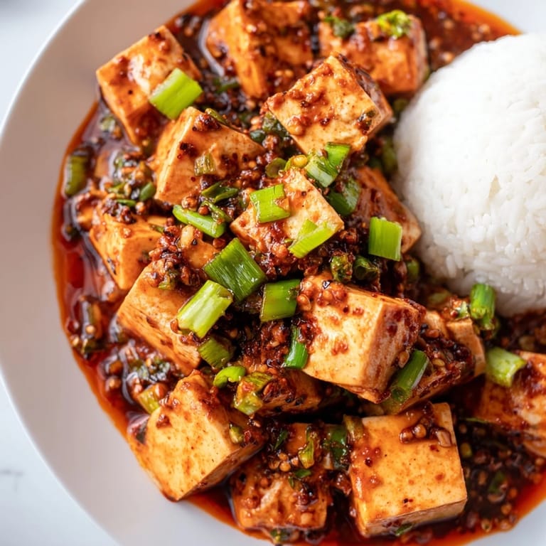 Close-up of savory Mapo Tofu: tender tofu cubes in a flavorful, spicy sauce, ready to serve.