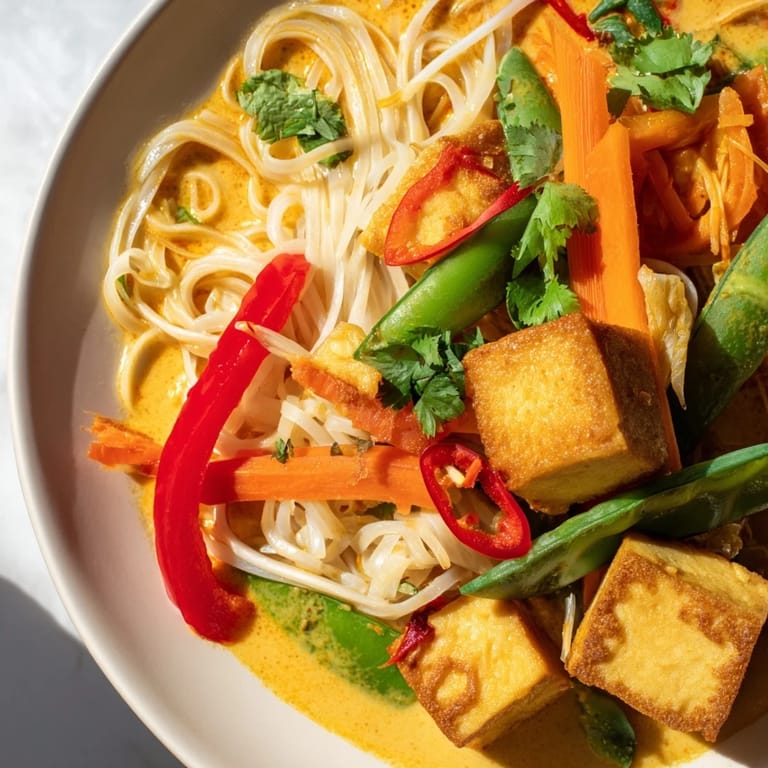 Close-up of Malaysian Laksa Curry, showing fragrant coconut curry base with fresh herbs and toppings.