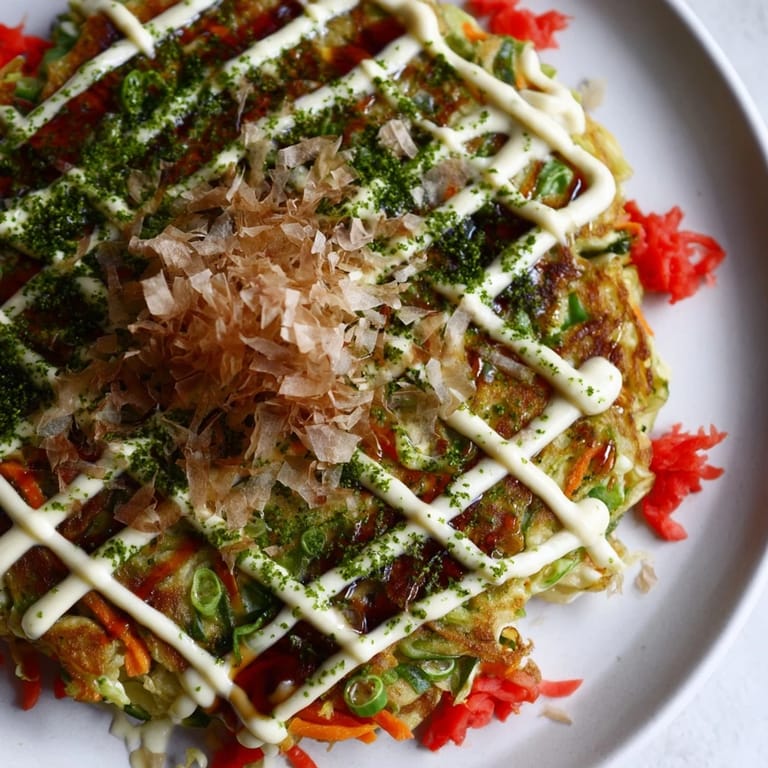 A close-up of fluffy Japanese okonomiyaki, packed with vegetables and sprinkled with dancing bonito flakes.