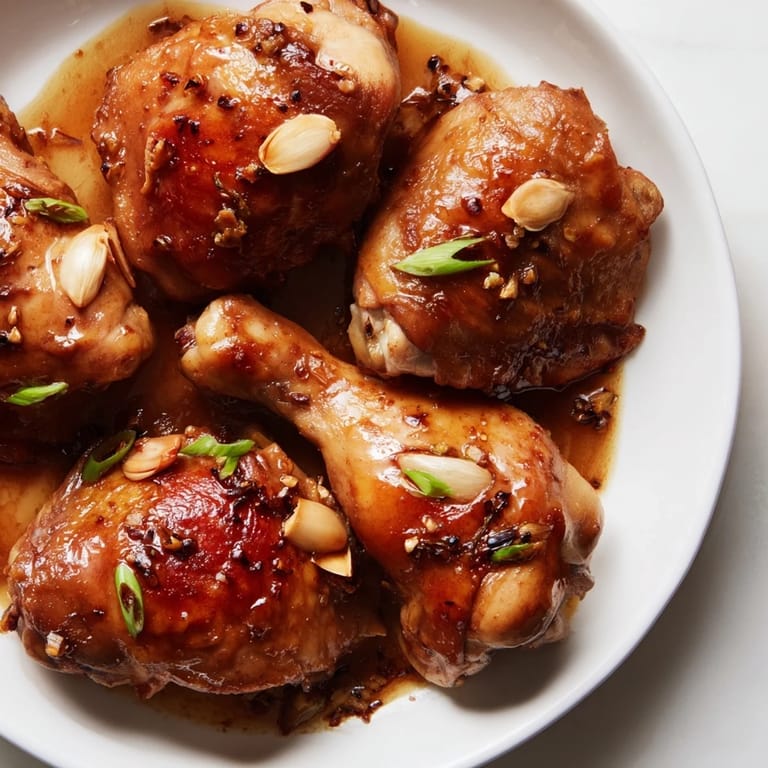 Close-up of bubbling, delicious Filipino Chicken Adobo, featuring chicken thighs and drumsticks in a rich sauce.
