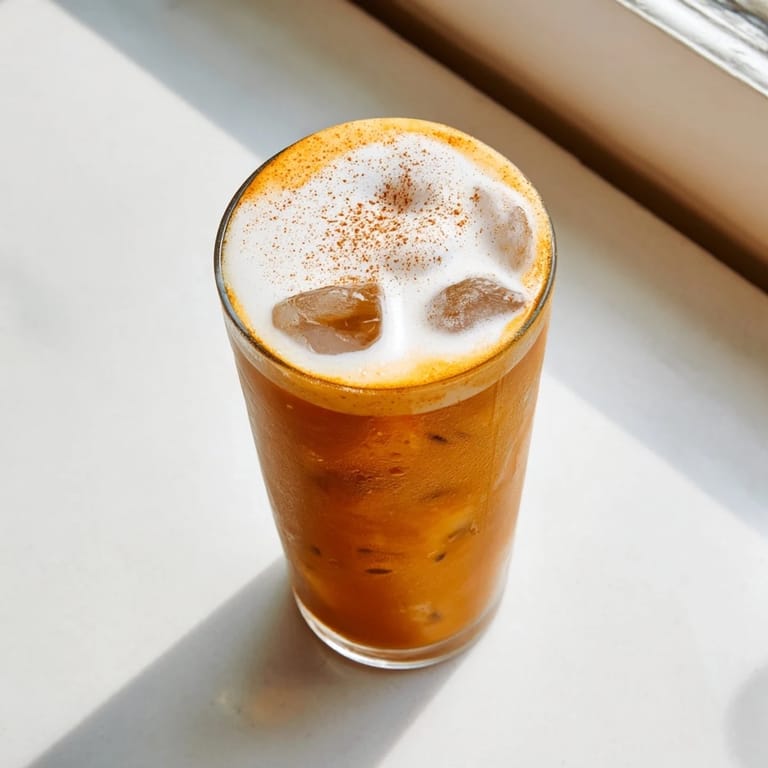 Close-up of creamy cold foam layered over chilled chai tea with ice.