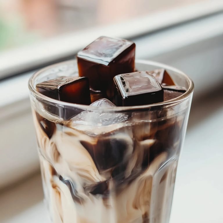 Close-up of bouncy coffee jelly cubes floating in a tall glass with creamy milk, ready to be sipped through a straw.