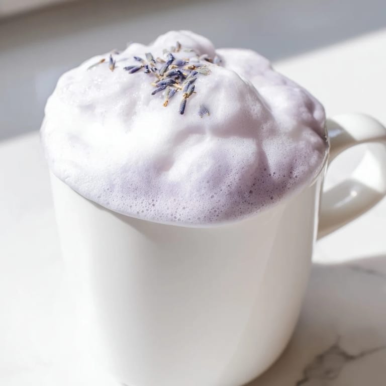 A close-up of a Whipped Lavender Latte with steamed milk and cloud-like lavender foam, garnished with dried buds.