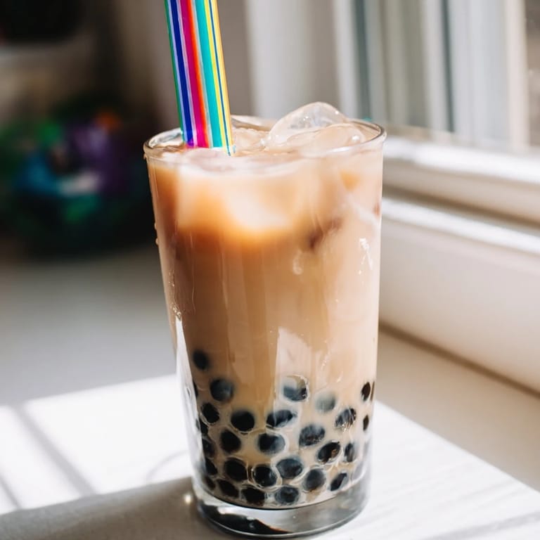 Two glasses of Instant Bubble Tea Hack with sweetened condensed milk and black tea, glistening with ice and topped with straws on a wooden table.