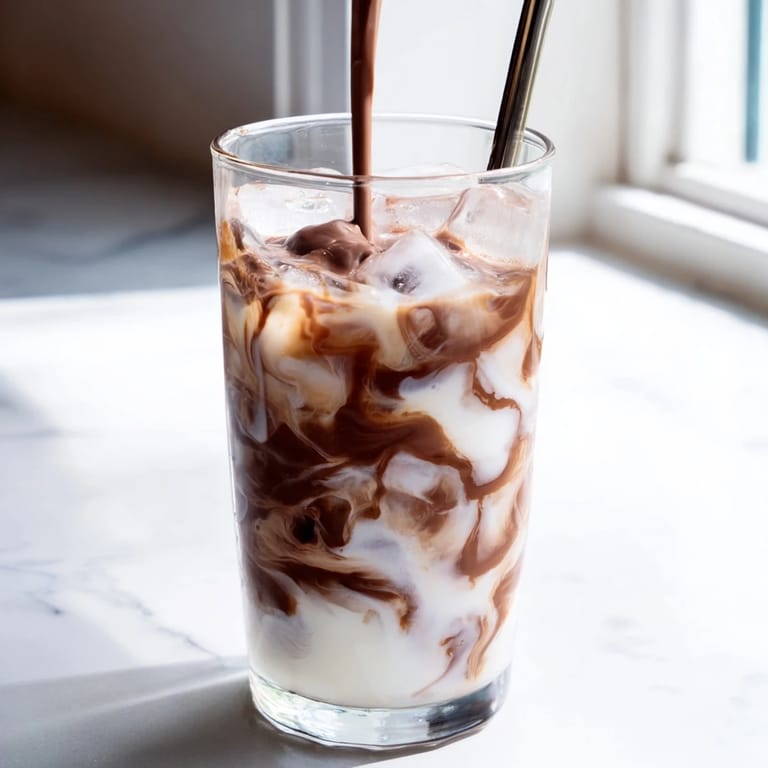 Homemade Milo latte hack served over ice, with a spoon stirring the rich, chocolate malted milk mixture.  