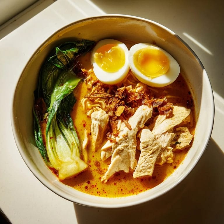 Golden crispy shallots and sliced scallions crown this comforting fusion noodle bowl, served with lime wedges for bright acidity.