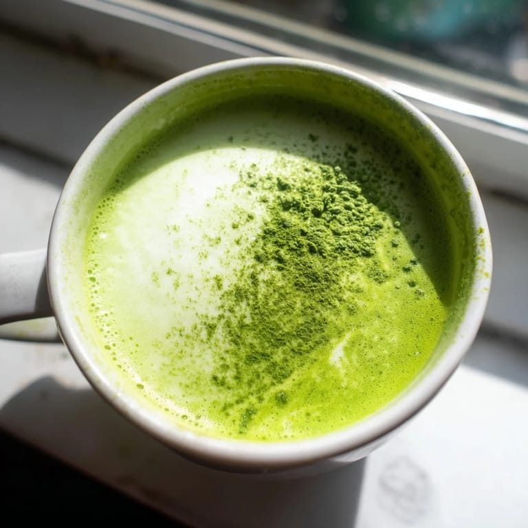Steaming matcha green tea latte with a delicate swirl of milk froth on top.  