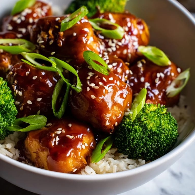 A close-up of a savory sweet chili chicken bowl garnished with fresh green onions and sesame seeds.