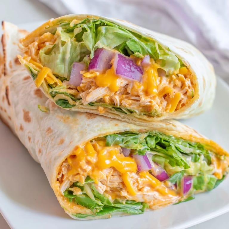 Golden-brown Buffalo Ranch Chicken Wraps rest on a rustic wooden cutting board, drizzled with creamy ranch dressing and extra buffalo sauce for a tangy, spicy kick perfect for an easy American dinner.
