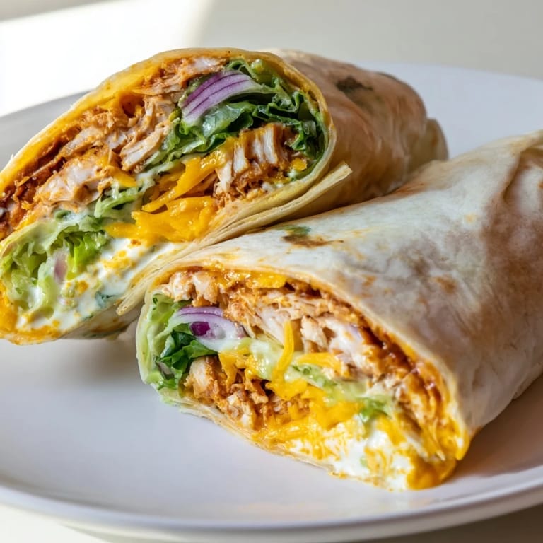 Four freshly made Buffalo Ranch Chicken Wraps, sliced diagonally and arranged with celery sticks, showcasing juicy buffalo chicken, melty cheese, and fresh lettuce for a satisfying, crunchy bite.