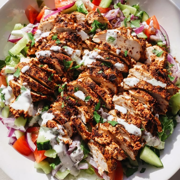 Tender, aromatic shawarma chicken rests on a bed of crisp cucumbers, tomatoes, and parsley, finished with a generous dollop of tangy yogurt sauce.