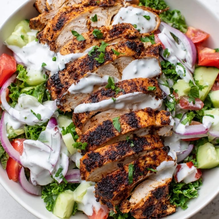 A colorful bowl features sliced, warmly spiced chicken over fresh greens and vegetables, glistening with a drizzle of lemony cucumber yogurt dressing.
