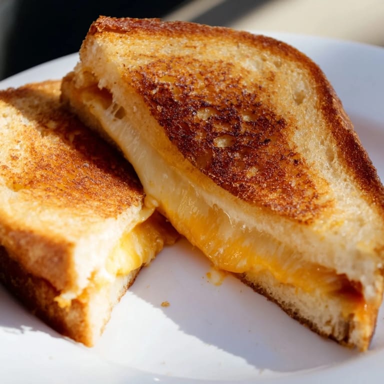 A close-up of Three-Cheese Grilled Cheese with melted cheese pulling apart, served alongside a comforting bowl of creamy tomato soup.