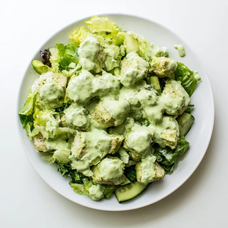 A close-up of Avocado Ranch Chicken Salad showing vibrant salad greens, halved tomatoes, and herbs garnishing the dish.  