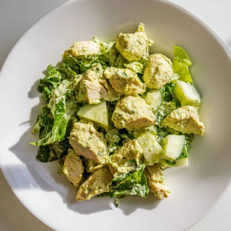 Tender chicken breast pieces mixed with avocado ranch, celery, and red onion for a refreshing, light lunch salad.